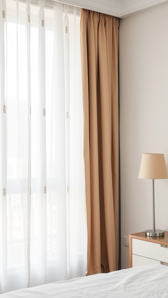 A cozy room with sheer white and earthy toned curtains