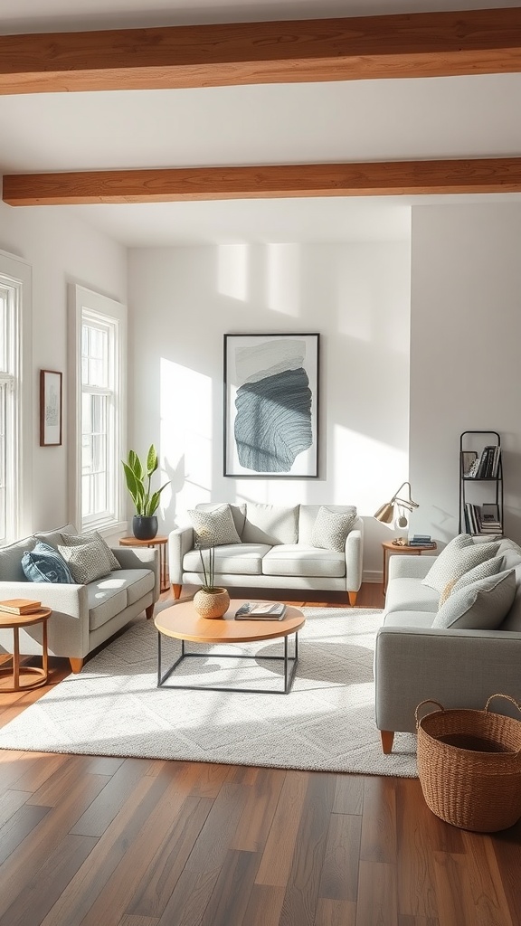 A cozy living room with neutral color palette, featuring light gray sofas, wooden beams, and a bright atmosphere.