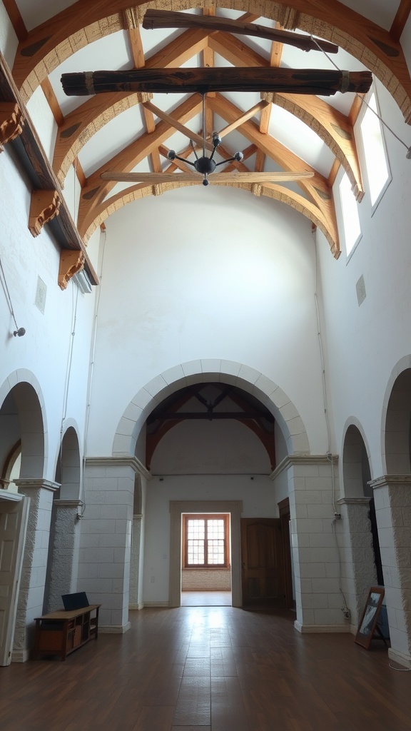 Interior of a room showcasing high arches and wooden beams