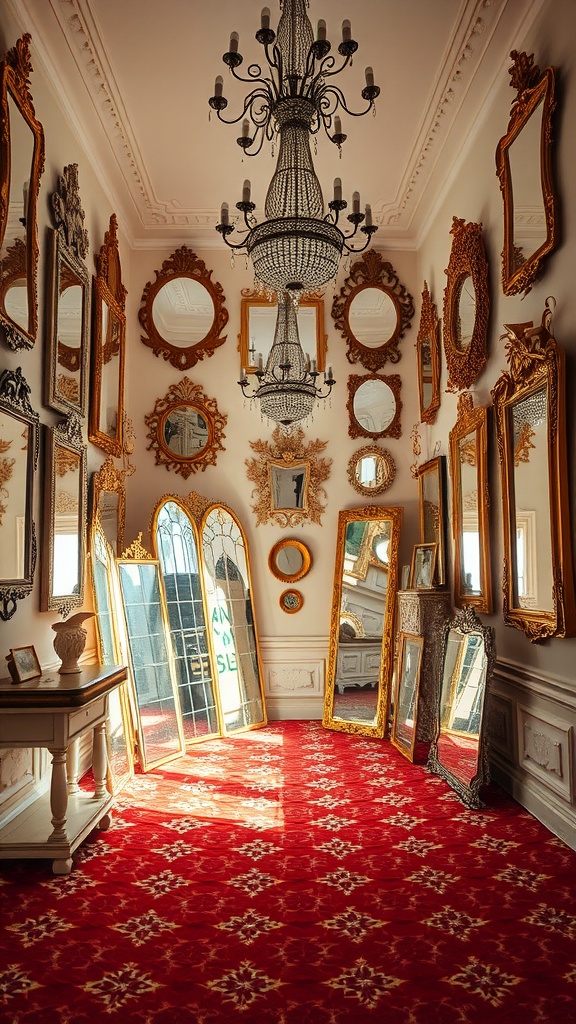 A room filled with various ornate mirrors and a chandelier, showcasing reflective surfaces that enhance the decor.