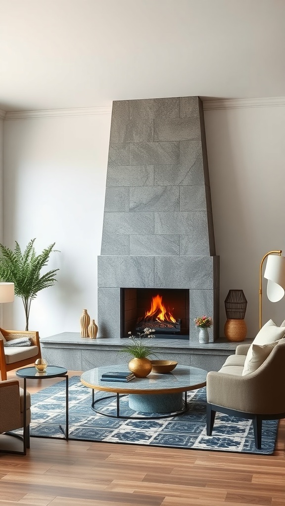 Cozy living room featuring a gray stone fireplace as the focal point, surrounded by comfortable seating and decorative elements.