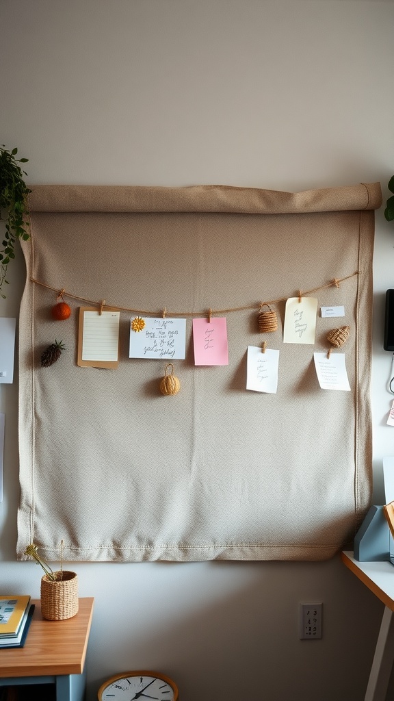 A fabric-covered bulletin board with notes and decorations pinned on it.