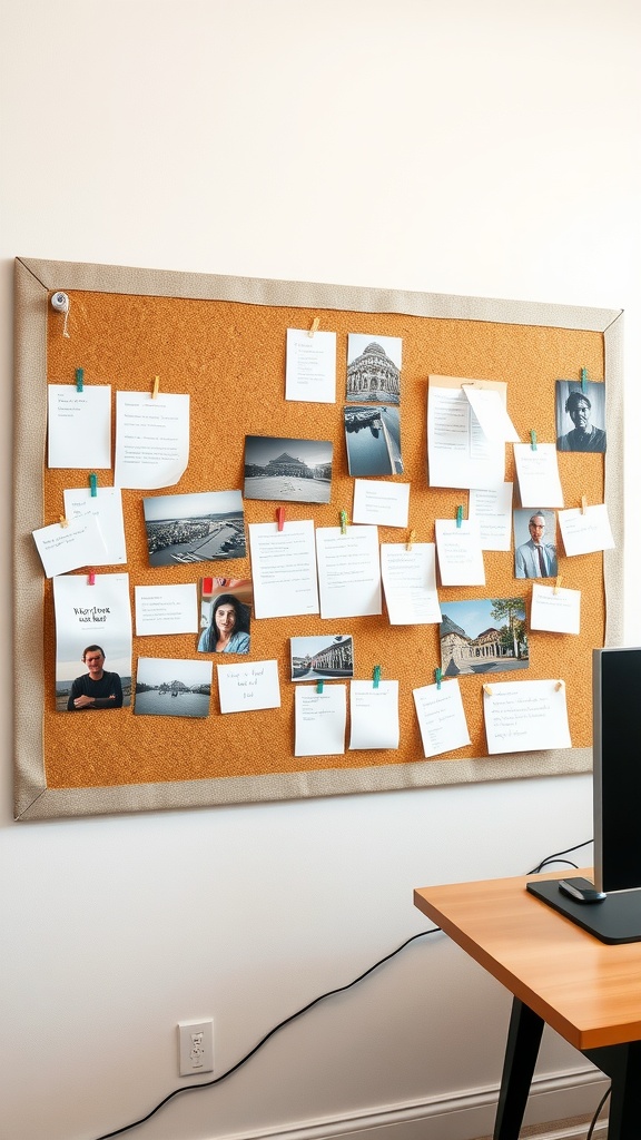 A fabric-covered cork board filled with photos and notes, mounted on a wall.