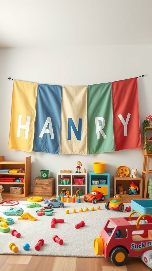 Colorful fabric wall banner spelling out 'HANRY' in a children's playroom