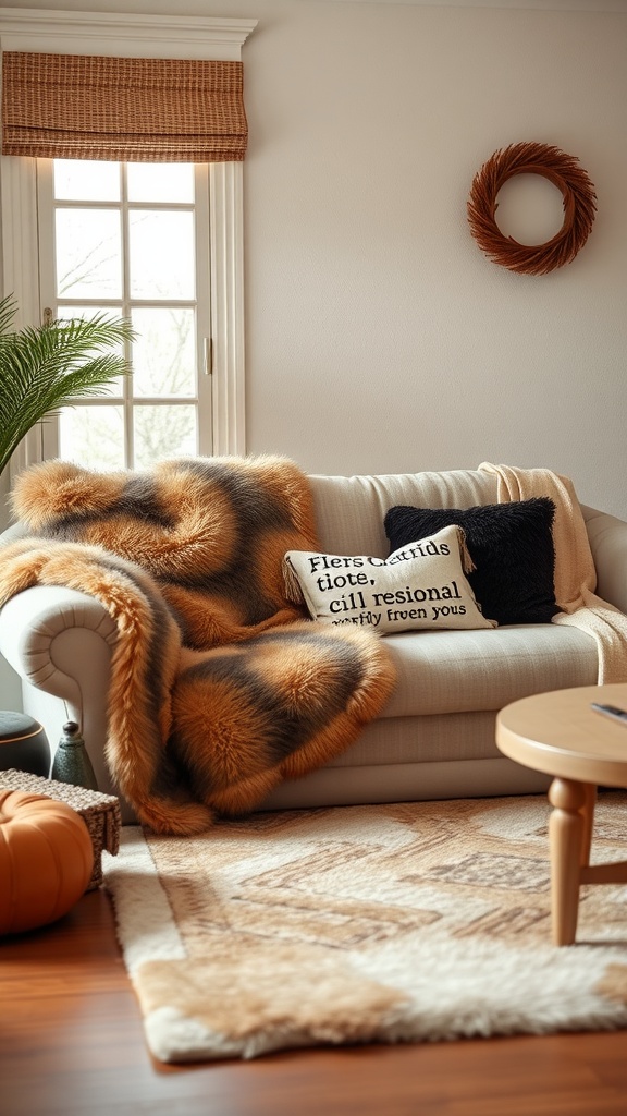 Cozy living room with a faux fur throw on a couch, decorative pillows, and a warm atmosphere.