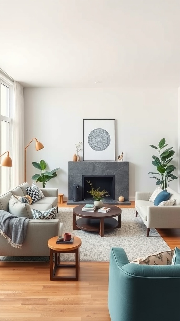 A cozy living room featuring two sofas, a coffee table, and plants, showcasing the importance of scale and proportion in home decor.