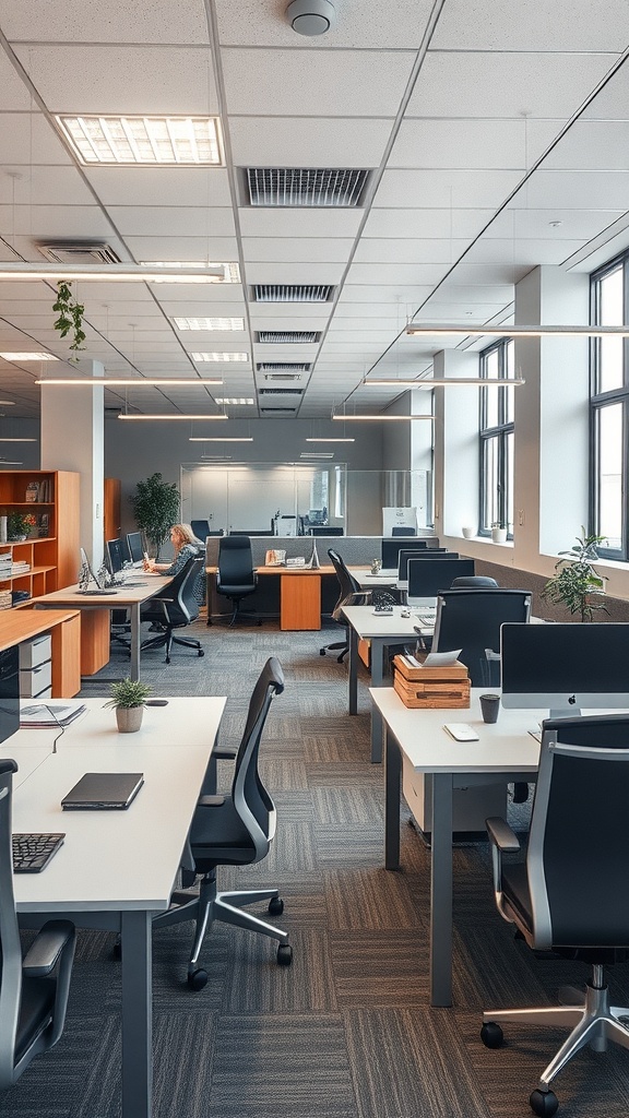 Open-plan office with desks, ergonomic chairs, and natural light