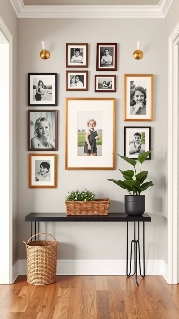 Gallery wall displaying framed personal photos with a console table and plant beside it.