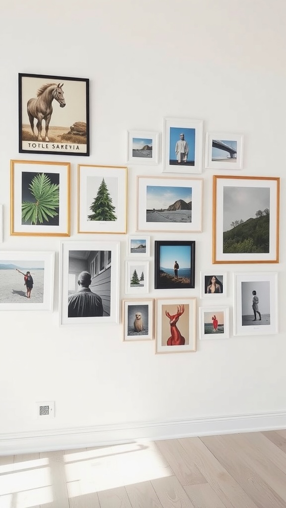 Gallery wall featuring a variety of framed prints and photographs in different styles and colors.