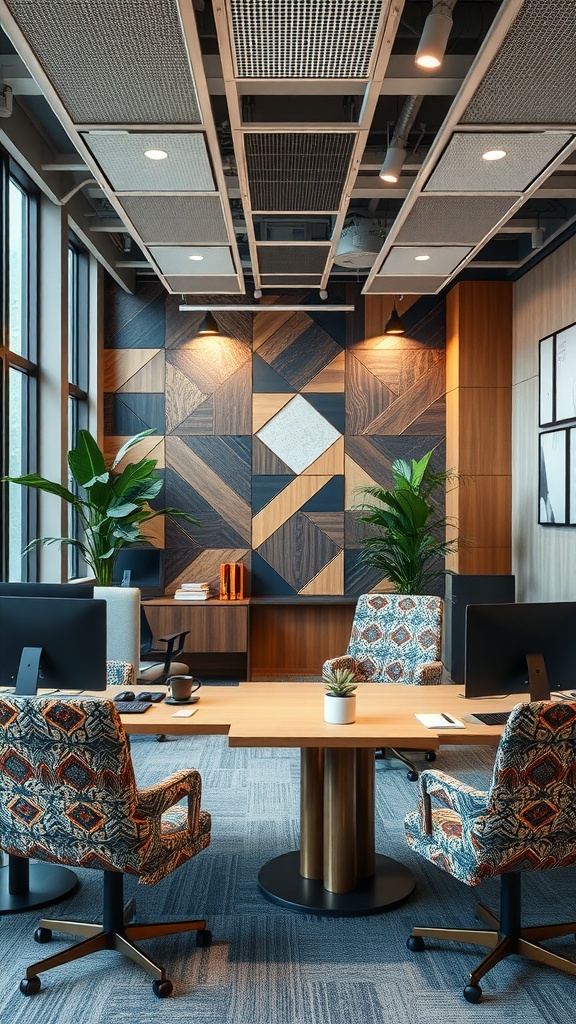 A modern office space featuring a geometric accent wall with wooden textures, colorful patterned chairs, and potted plants.