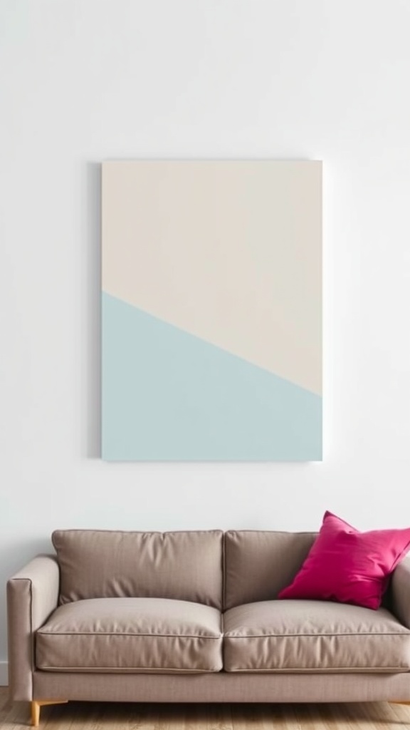 Geometric wall art in soft colors above a cozy couch