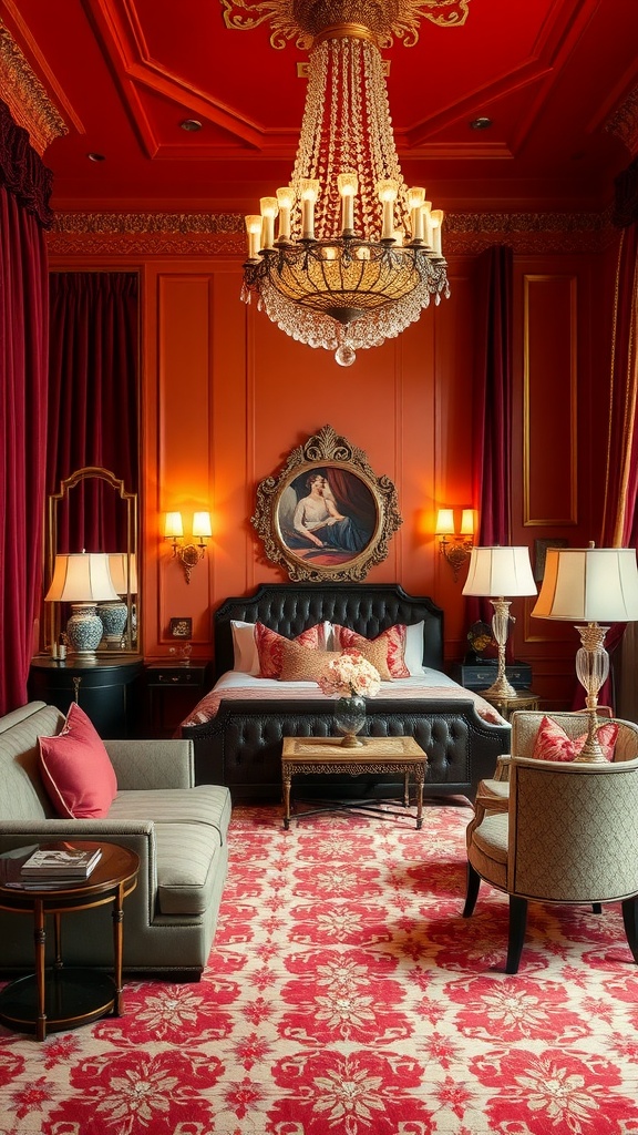 Elegant Hollywood Regency bedroom featuring a chandelier, red curtains, and plush furniture.