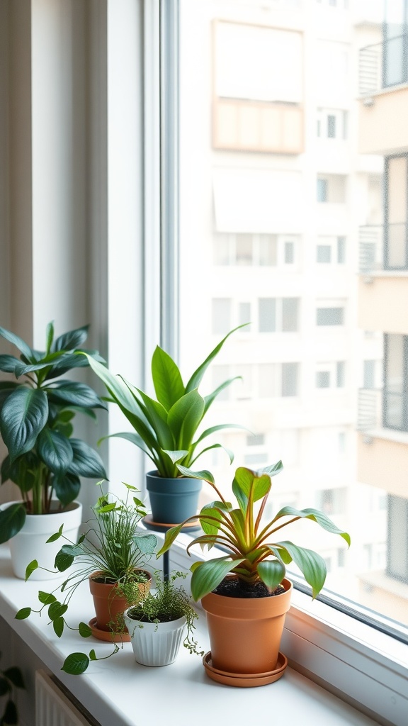 A variety of plants on a windowsill with a view of an apartment building in the background.