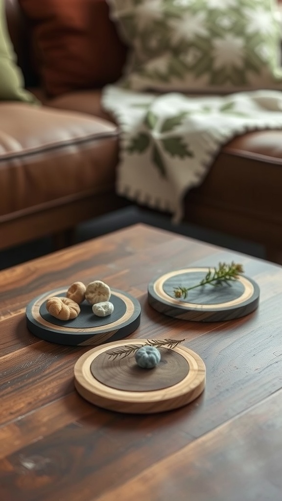 Three handcrafted coasters made with natural elements, placed on a wooden table, with decorative stones and a sprig of greenery.