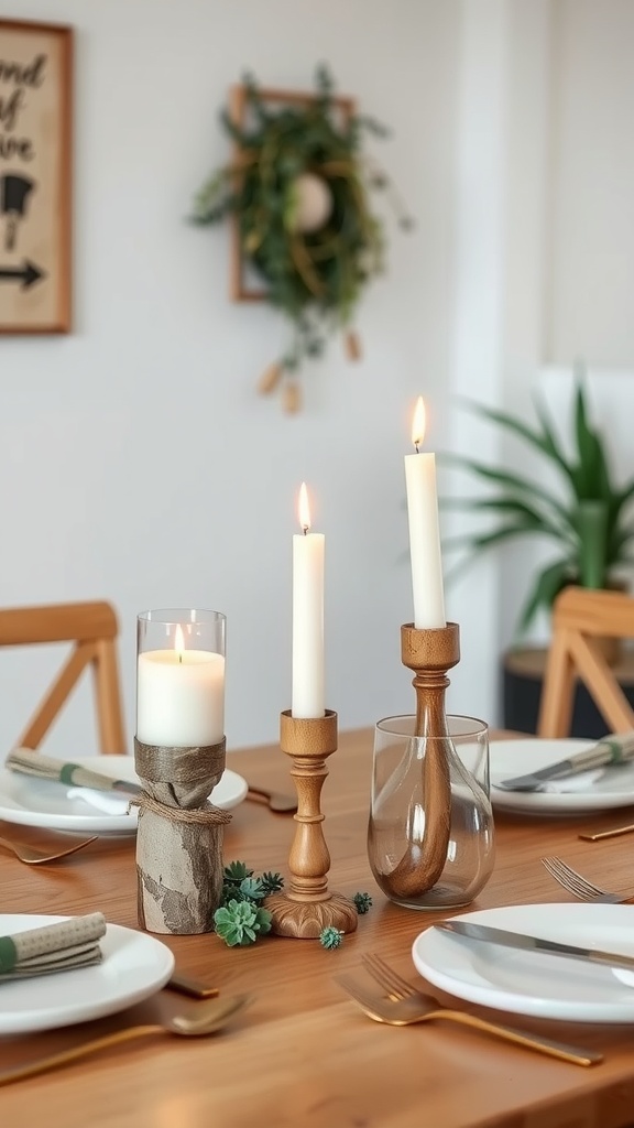 A table setting featuring handmade wooden candle holders with white candles, surrounded by plates and utensils.