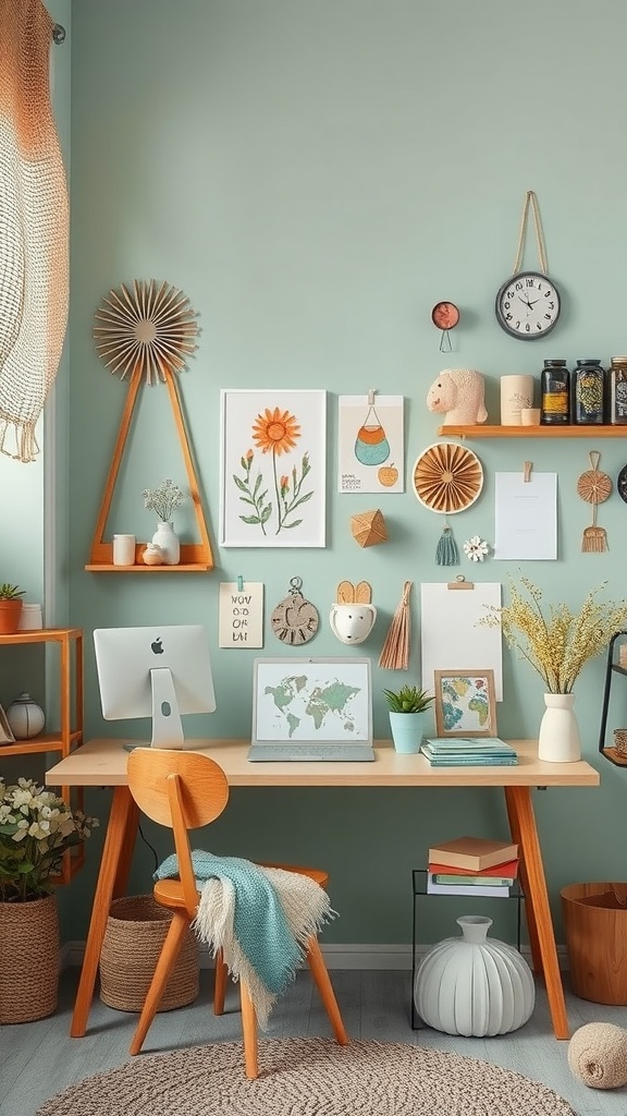 A cozy workspace decorated in cottage style with handmade crafts and DIY decor.