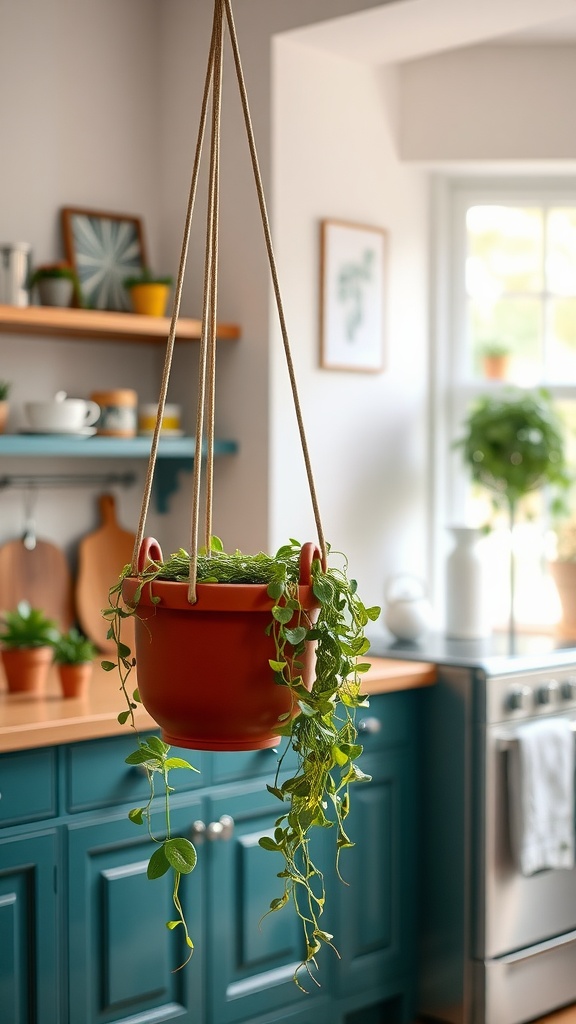 A red hanging planter filled with green vines, suspended in a kitchen with teal cabinets and natural light.