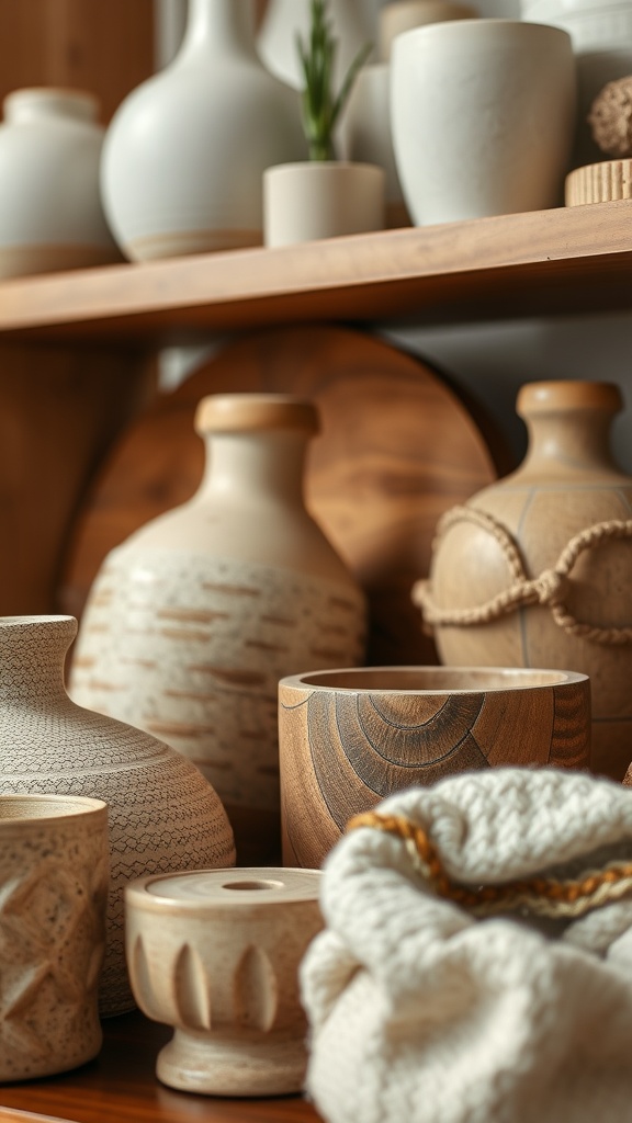 A collection of textured home decor items on a wooden shelf, including ceramic vases and woven textiles.