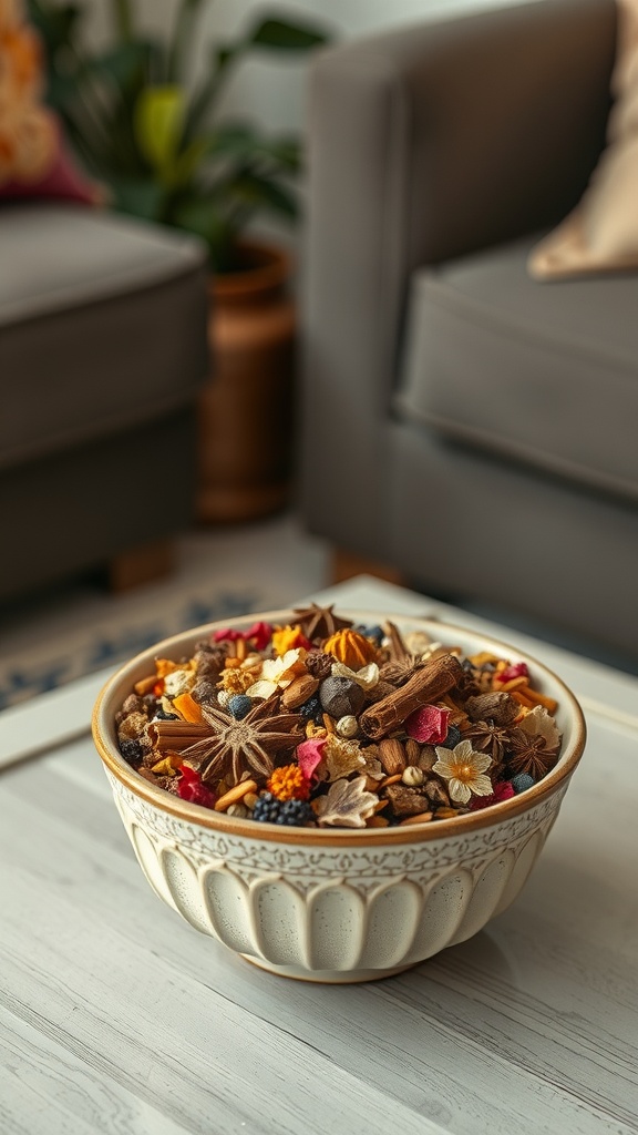 A bowl of colorful homemade potpourri on a coffee table