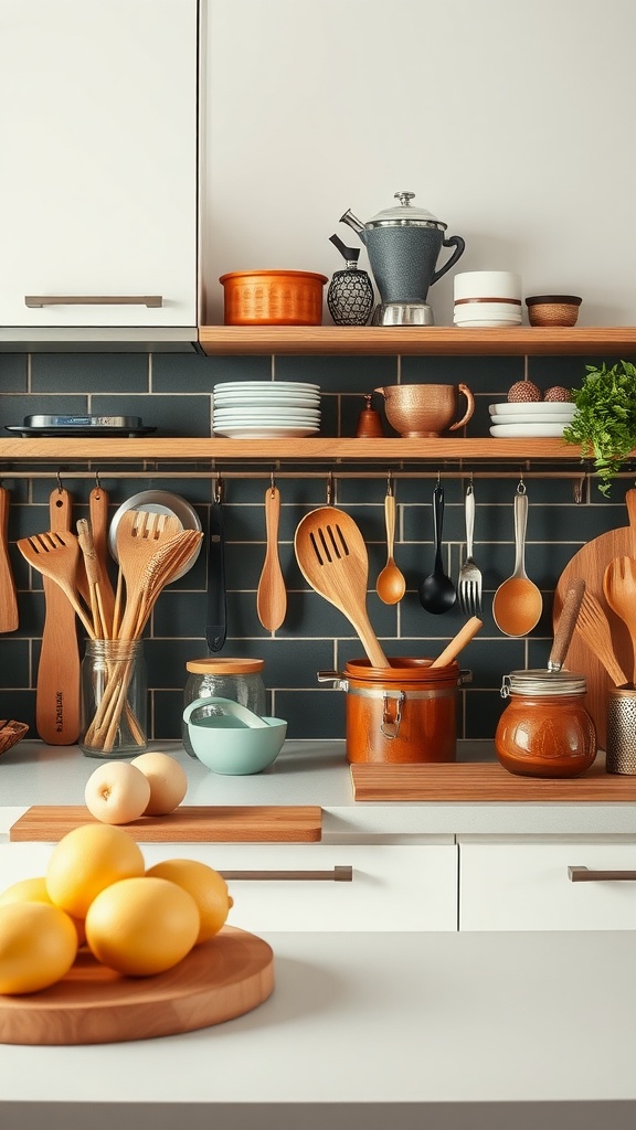 A well-organized kitchen shelf displaying wooden utensils, pots, and decorative items, with lemons on the counter.