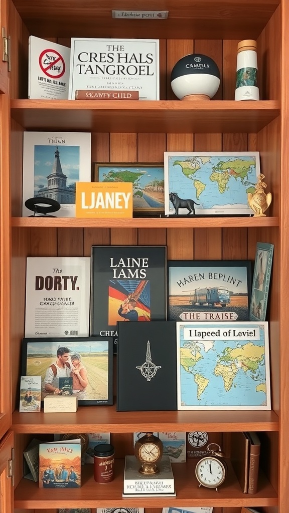 A wooden shelf filled with various personal items including books, maps, and photographs, showcasing a unique collection.