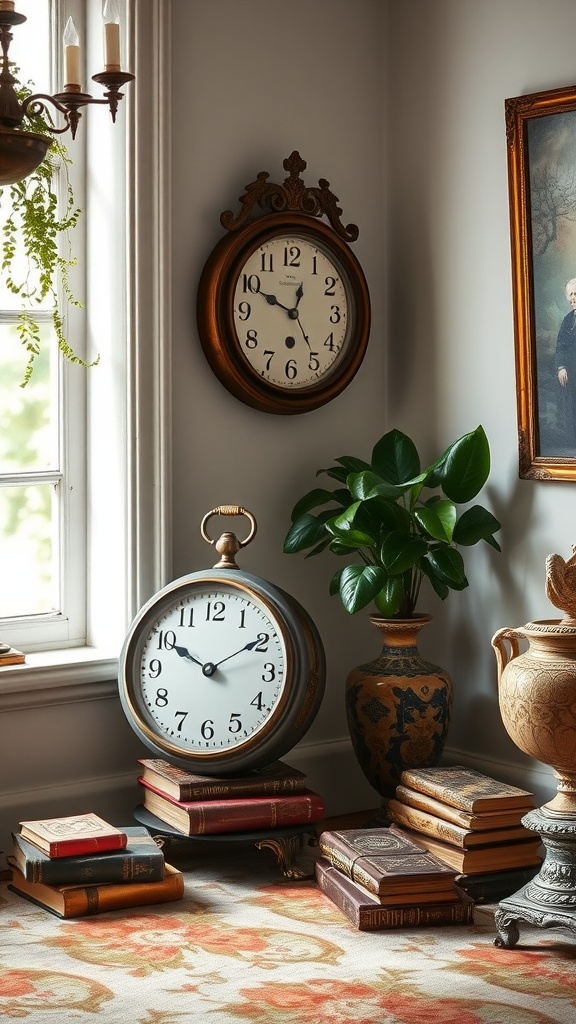 A cozy corner featuring vintage clocks, stacked books, a potted plant, and decorative vases.