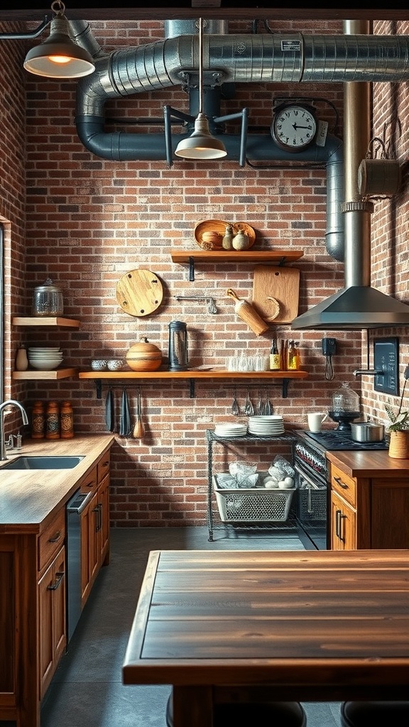 An industrial style kitchen featuring exposed brick walls, wooden cabinetry, metal fixtures, and open shelving