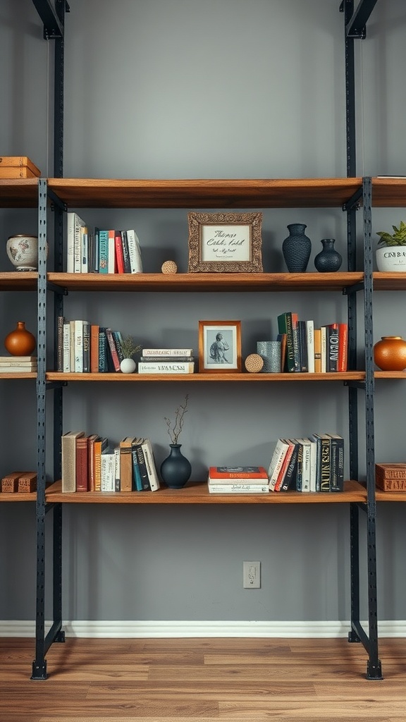 Industrial style shelving with wooden shelves and a metal frame, displaying books and decorative items.