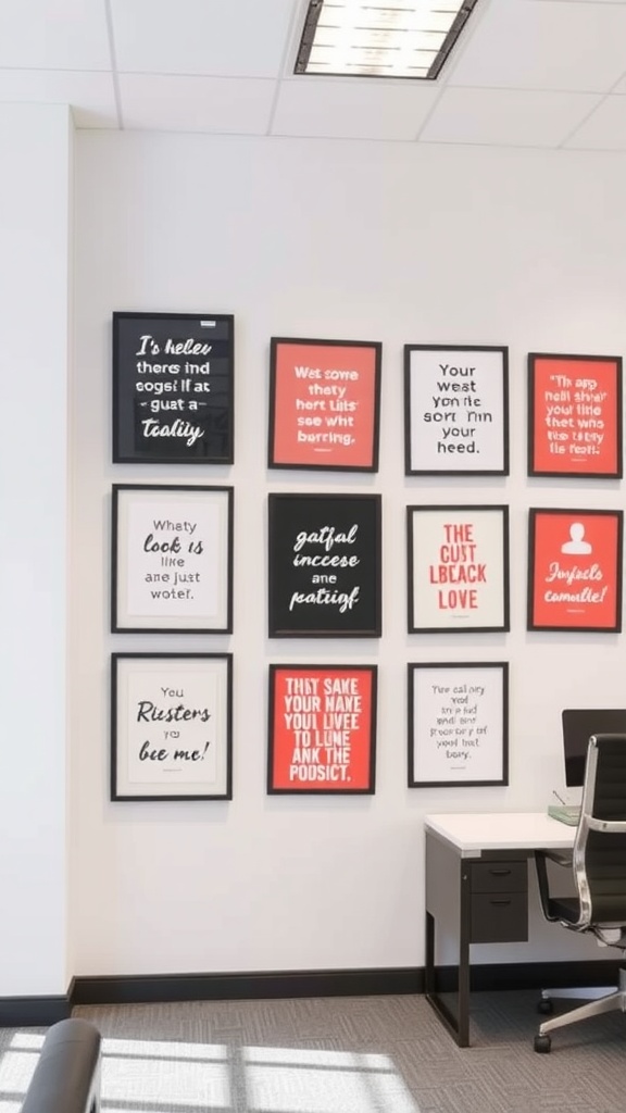 Wall showcasing various framed inspirational quotes in an office setting.