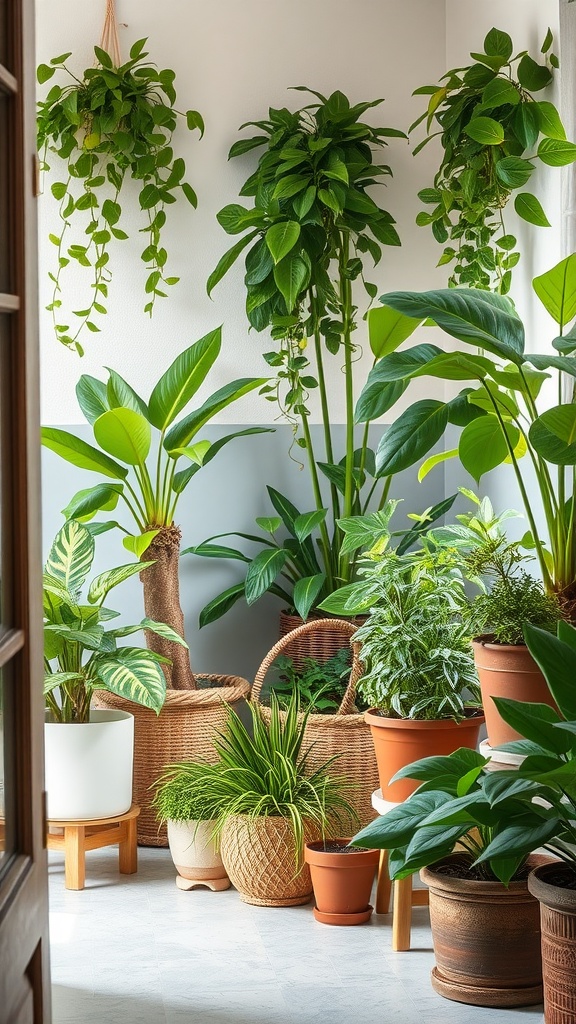 Indoor plants in various pots creating a lush and vibrant atmosphere.