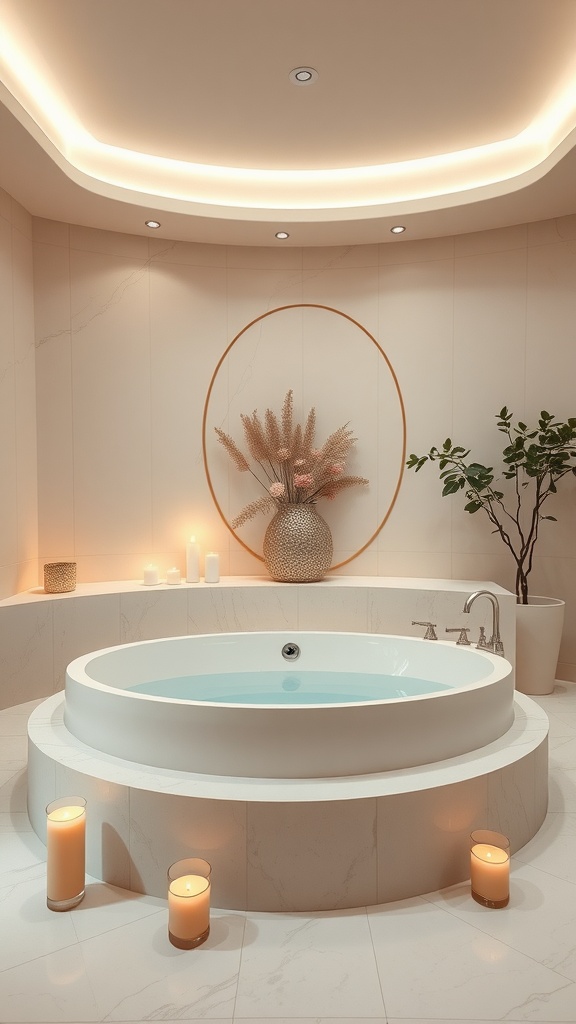 A modern, luxurious bathroom featuring a round bathtub, candles, and natural decor.