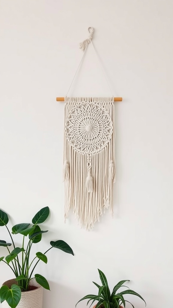 A macrame wall hanging with intricate designs and tassels, hanging on a wall with potted plants below.