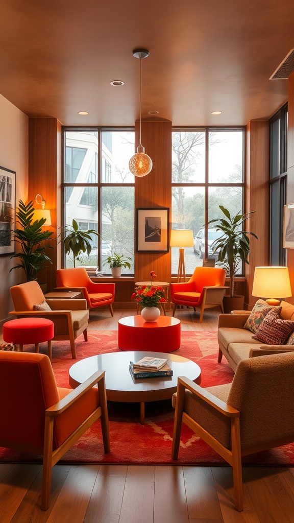 A cozy Mid-Century modern lounge with orange armchairs, wooden paneling, and a round coffee table.