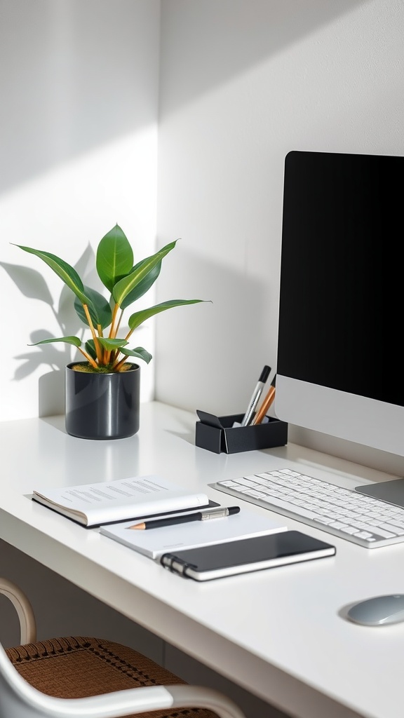 A minimalist desk setup featuring a clean white desk, a computer, a potted plant, and essential stationery items.