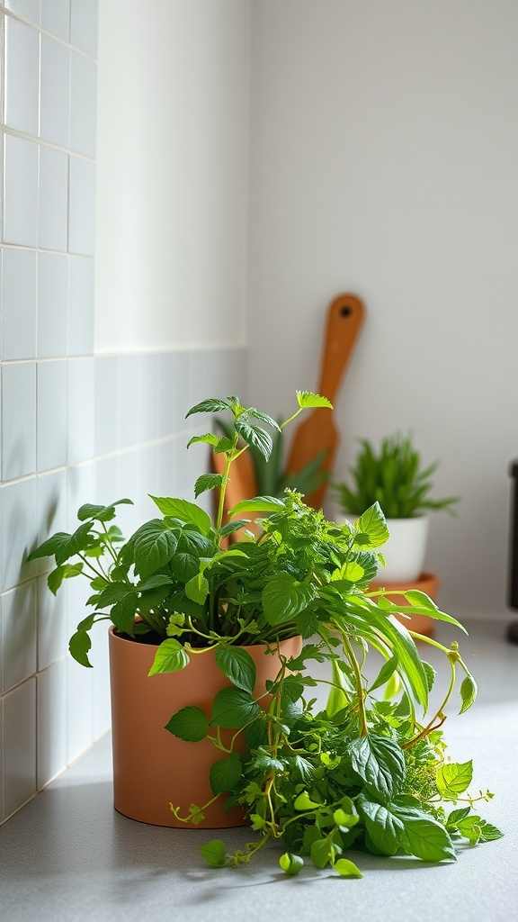 Minimalist indoor herb garden with vibrant green plants in a terracotta pot.