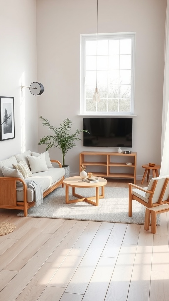 A minimalist Scandinavian living room featuring light colors, wooden furniture, and a cozy atmosphere.