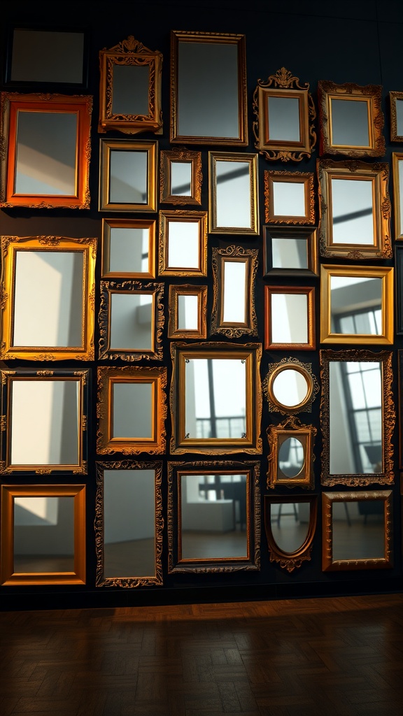 A wall covered with various ornate mirrors in different sizes and shapes.