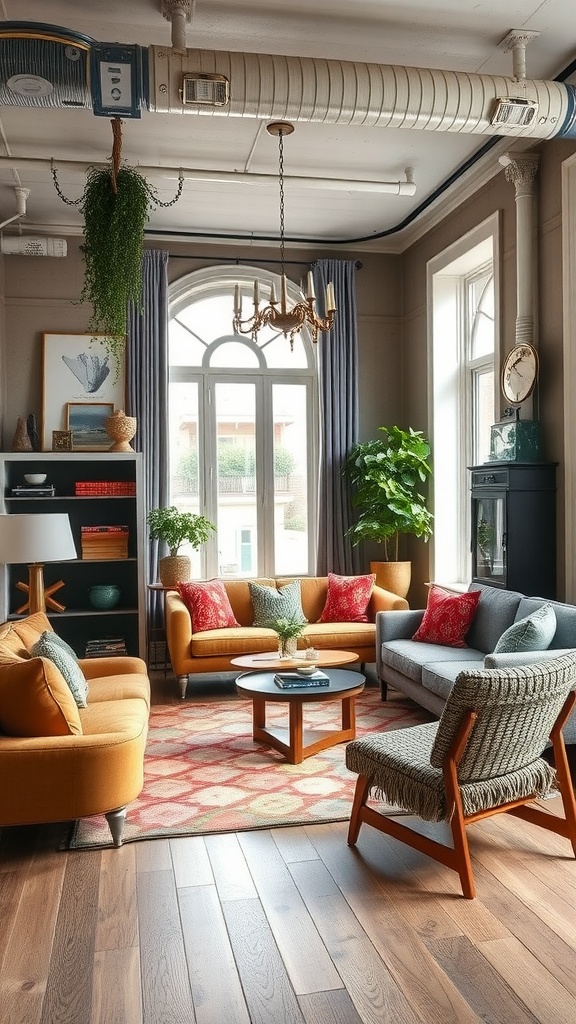 A cozy living room featuring a mix of vintage and modern furniture with warm colors and plants.