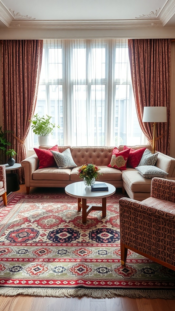 A cozy living room featuring a mix of patterns through pillows, a rug, and curtains, creating a warm and inviting atmosphere.