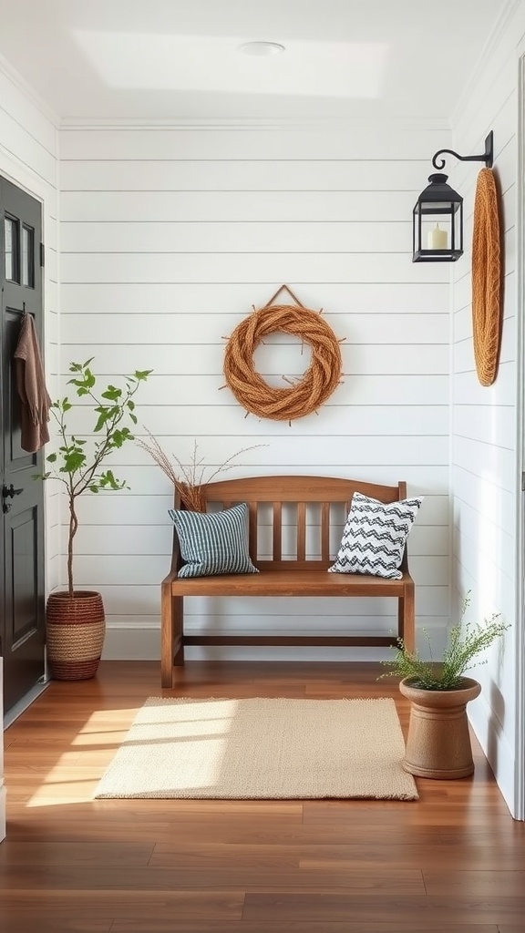 Cozy modern farmhouse entryway with a wooden bench, patterned pillows, and greenery.