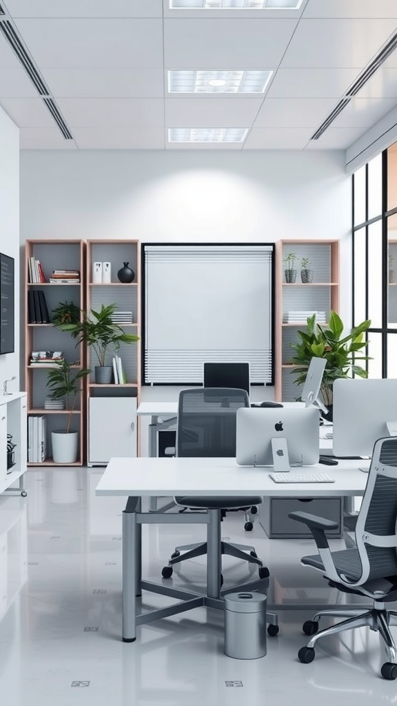 A modern office space with sleek desks, computers, and plants, showcasing tech integration.