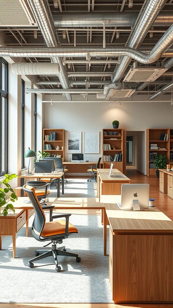 Bright and spacious office with wooden furniture and plants