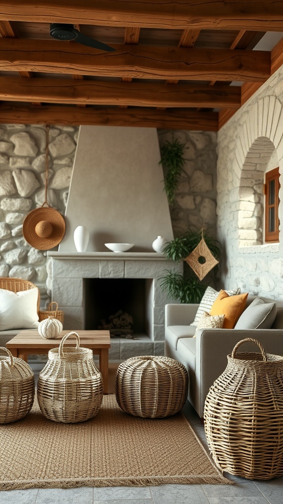 Cozy cottage living room with natural textures, including a stone wall, wooden ceiling, and woven baskets.