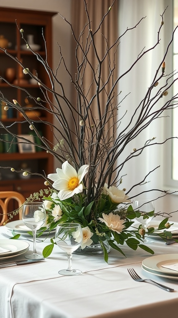 A nature-inspired centerpiece featuring branches and flowers on a dining table.