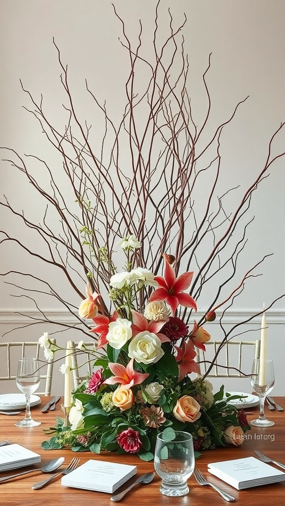 A nature-inspired centerpiece with colorful flowers and twigs on a dining table.