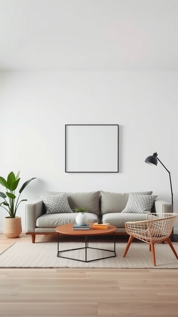 A minimalist living room with a grey sofa, a wooden coffee table, a plant, and a stylish armchair.