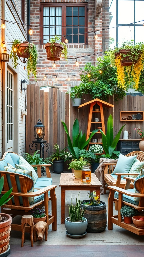 Cozy outdoor living space with wooden furniture, plants, and warm lighting.