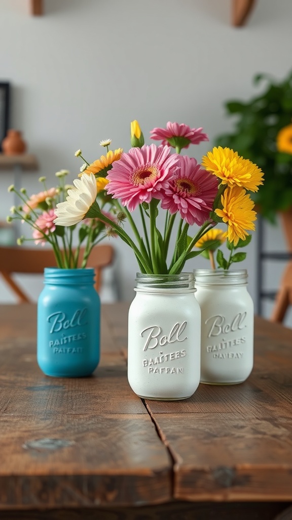 Three painted mason jars filled with flowers on a wooden table.