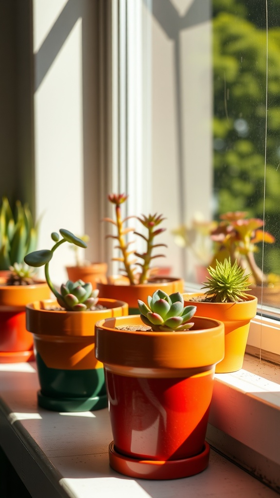 Colorful painted terracotta pots with various plants by a sunny window