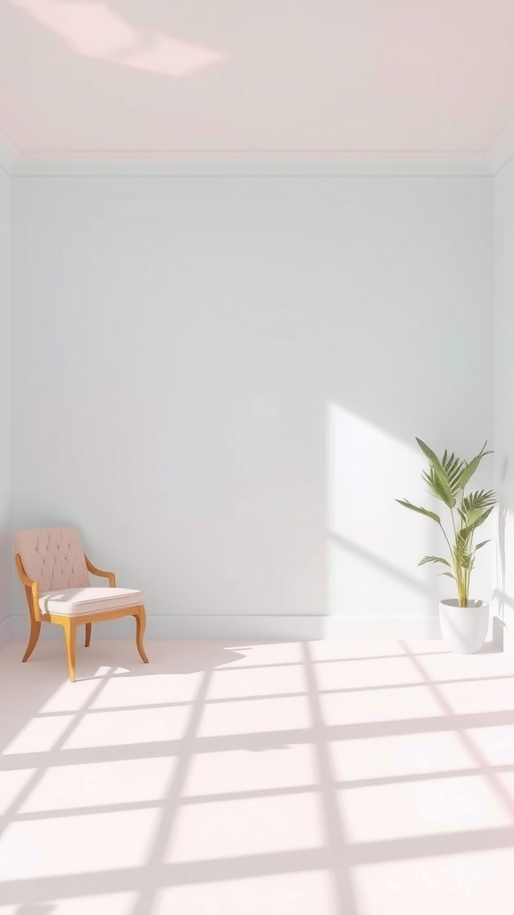 A room with pastel color palette featuring a pink ceiling, pale walls, a stylish chair, and a plant.